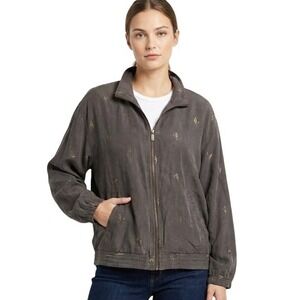 Vintage Abvien Womens Silk Butterfly Print Zip Up Bomber Jacket Grey Gold Medium